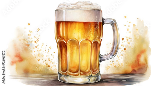 Obraz Refreshing beer mug filled with frothy white foam, illustrated in a vibrant watercolor style with a neutral backdrop. Generative AI.