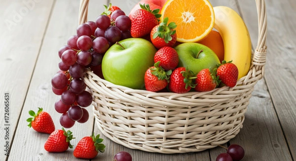 Fototapeta Fresh fruit basket with green apple strawberry grape orange banana on wooden table vibrant and healthy assortment perfect for breakfast or snack natural and colorful arrangement