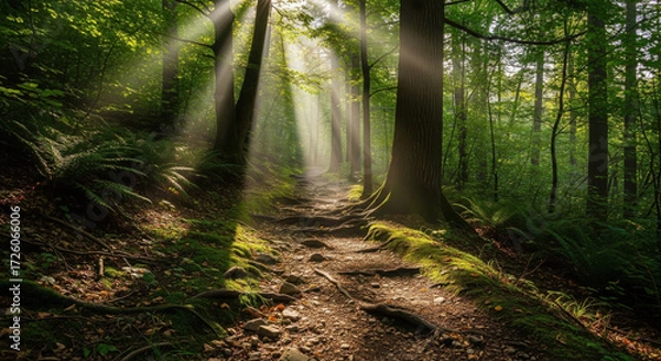 Fototapeta Sunlight forest path tree green nature tranquil morning landscape peaceful. Sunlight streams through tall trees onto winding forest path creating tranquil peaceful morning landscape with lush