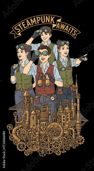Fototapeta Steampunk group adventure, four people in vintage attire with goggles, gears, and mechanical cityscape, expressing excitement and curiosity in whimsical, imaginative style