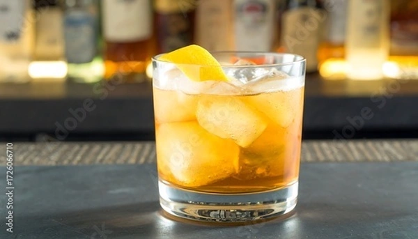 Fototapeta Cocktail in clear glass with ice, citrus peel garnish, in a bar with liquor bottles