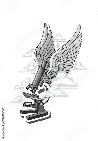 Fototapeta Whimsical Microscope With Wings Flying Through Clouds