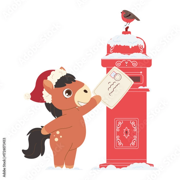 Fototapeta Cute Christmas pony mailing a holiday letter. Festive winter illustration with Santa hat, red mailbox, and robin bird. Perfect for greeting cards and kids’ designs.