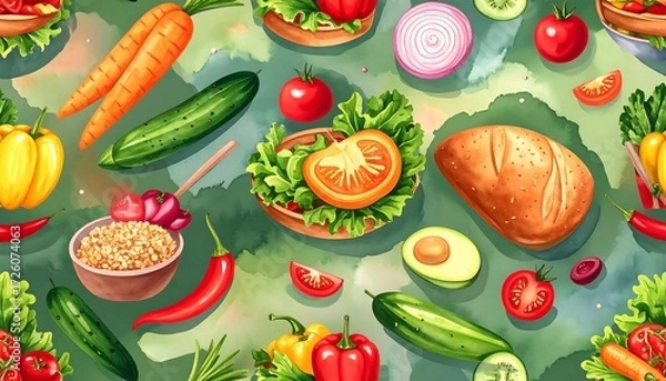 Fototapeta Vibrant arrangement of various colorful vegetables on a bright green background