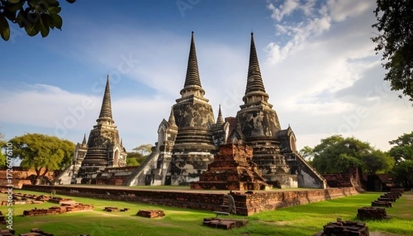 Fototapeta Ayutthaya's ancient temple complex under a partly cloudy blue sky in Thailand