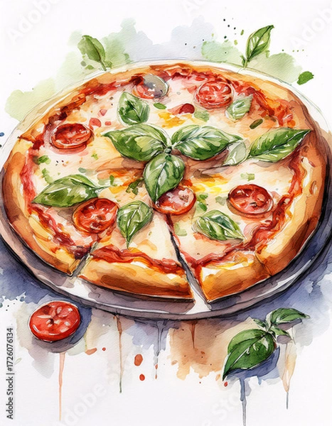 Obraz Watercolor painting of a pizza with tomatoes and basil. Generative AI