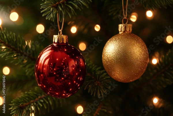 Fototapeta Close-up of Christmas ornaments on tree with warm lights in festive atmosphere