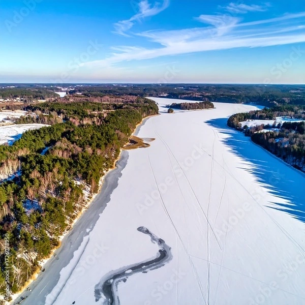 Fototapeta Frozen lake with forest shoreline