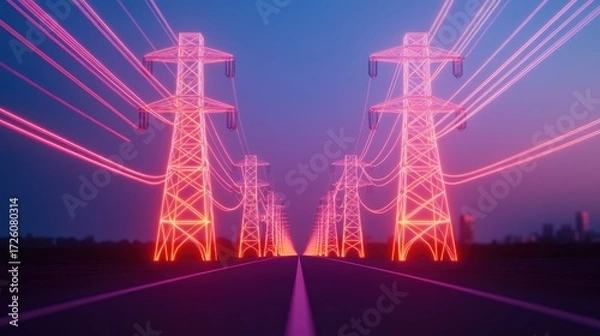 Fototapeta Neon Power Lines Towers, Electricity Transmission Grid