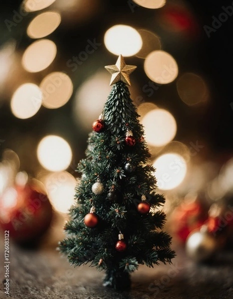 Fototapeta A small Christmas tree decorated with red and gold ornaments stands proudly against a blurred backdrop of bright holiday lights, capturing the festive spirit of New Year Generative AI