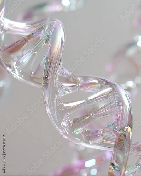 Fototapeta Iridescent dna spiral artwork with glasslike structure reflecting rainbow hues on a clean neutral gradient background