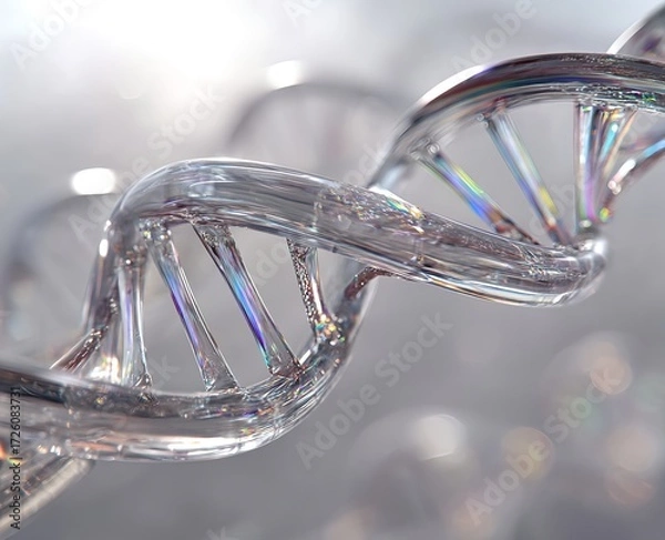 Fototapeta Scientific close up of dna double helix rendered in hyper detail with crystal clear transparency and subtle neon reflections