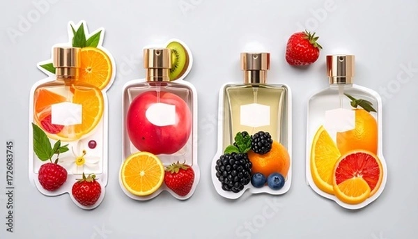 Fototapeta Four perfume bottles filled with fruit slices and berries on a neutral background