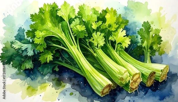 Fototapeta Watercolor of fresh celery stalks arranged on a dark surface with a light background