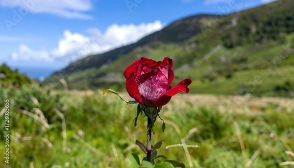 Fototapeta Red rose blooms in a grassy field against a backdrop of blurred mountains and blue sky