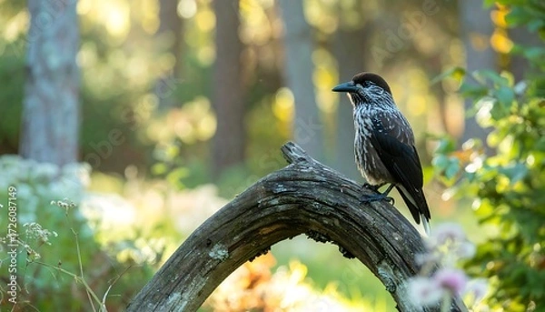 Fototapeta Bird perched on an old branch in a sun dappled forest, focused in the foreground