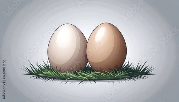 Fototapeta Cartoon eggs nestled together in a bed of grass, against a soft gray backdrop