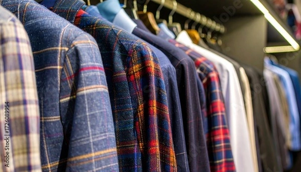 Fototapeta Row of hanging patterned men's shirts and jackets in dark retail setting, closeup