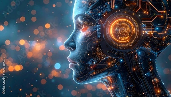 Fototapeta Futuristic AI profile, glowing circuits