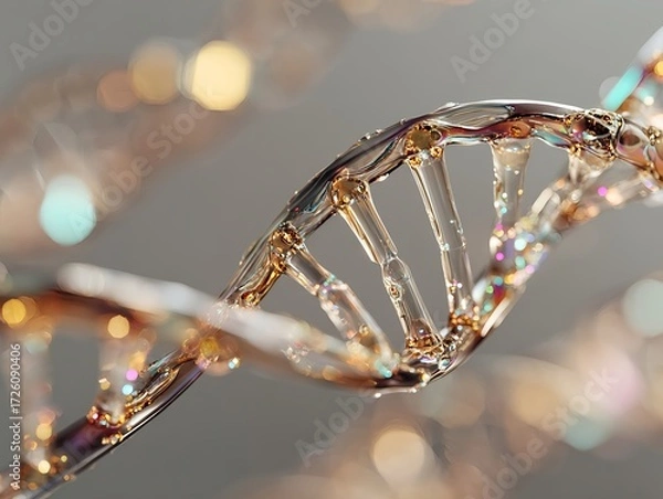 Fototapeta Iridescent dna spiral artwork with glasslike structure reflecting rainbow hues on a clean neutral gradient background