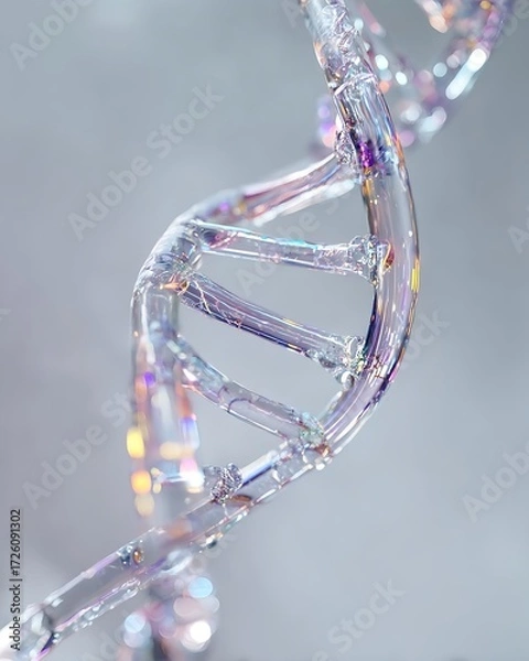 Fototapeta Translucent dna strand twisting upward in ethereal clarity with rainbow refractions of light across a minimalist blurred backdrop