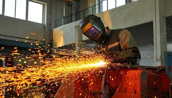 Fototapeta Welder in protective gear working with sparks flying in an industrial setting