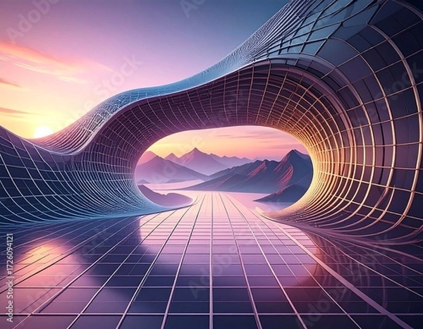 Fototapeta Futuristic architectural tunnel overlooking a mountain landscape at sunrise