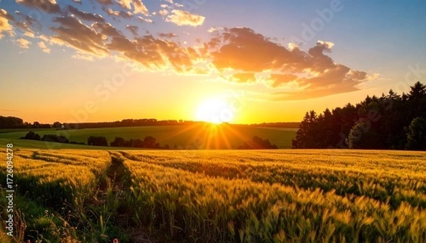 Fototapeta Golden field under a brilliant sunset, with trees silhouetted in the background