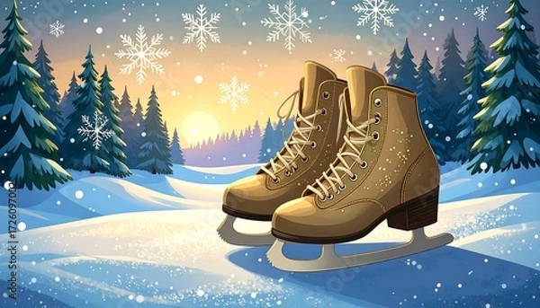 Fototapeta Illustration of ice skates on snow with evergreen trees and a winter sunset