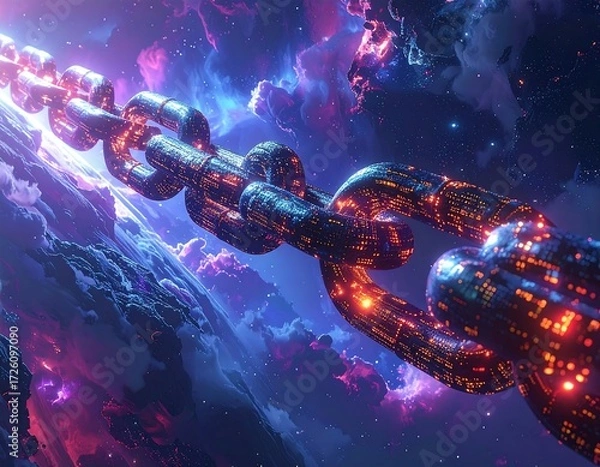 Fototapeta Futuristic chain traversing a nebula