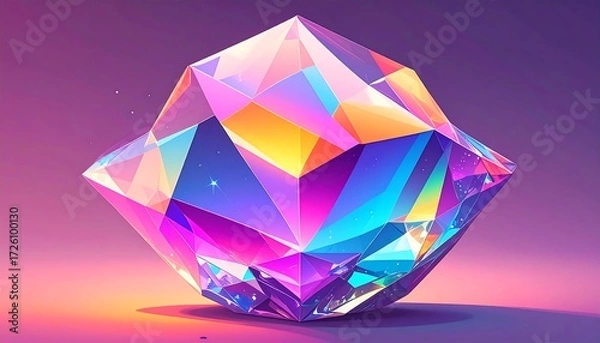 Fototapeta Iridescent geometric crystal figure, light refracts in bright hues, soft violet background