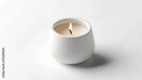 Obraz A lit white candle in a modern ceramic holder on a white background.