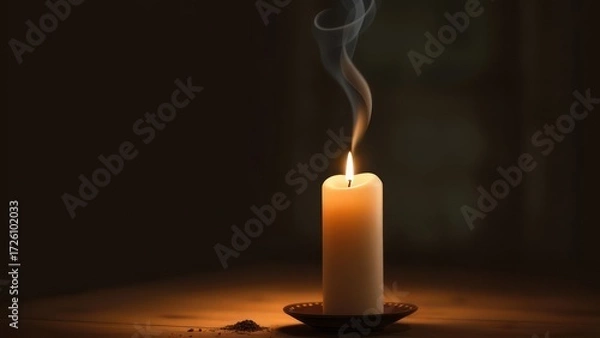 Obraz A single glowing candle with rising smoke on a wooden table in the dark.