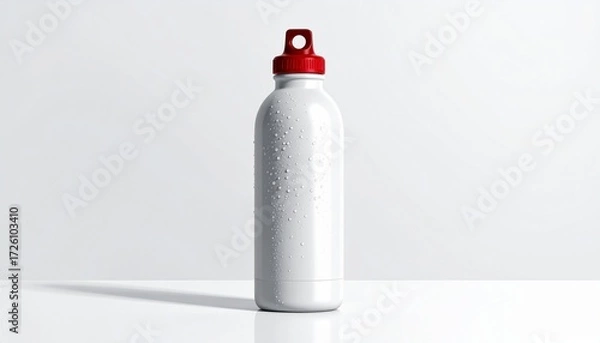 Obraz Refreshing cold water in a white aluminum sports bottle with a red top, showing condensation for hydration and an active lifestyle