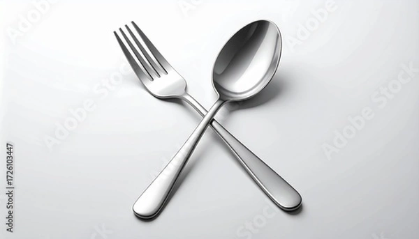 Obraz A cross-shaped arrangement of a shiny spoon and fork on a clean white background, symbolizing dining and food preparation