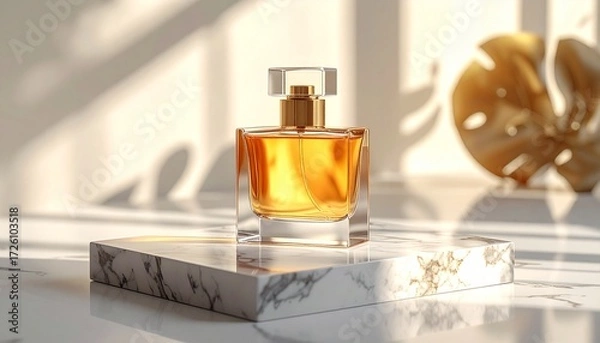 Obraz Elegant golden perfume bottle sits on a marble pedestal, beautifully illuminated by sunlight casting dramatic shadows from a tropical leaf