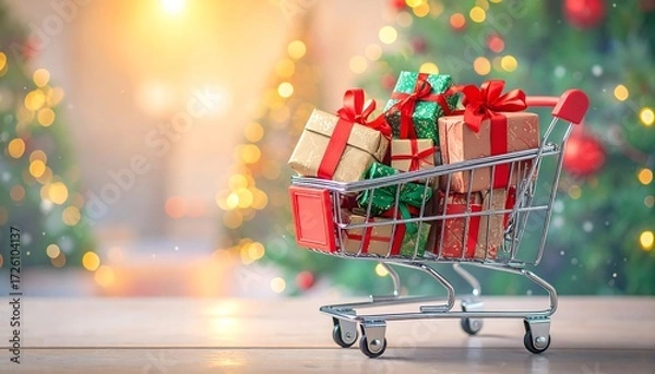Fototapeta Shopping cart filled with colorful gifts in front of a blurred Christmas background