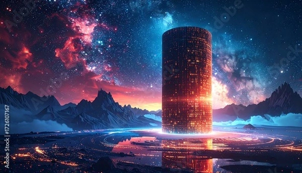 Fototapeta Futuristic city structure bathed in cosmic light, reflecting on a tranquil lake