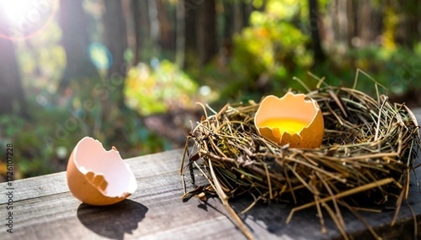 Fototapeta Egg yolk in nest with shell on aged wood, sunlit woodland background, rustic