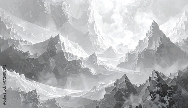 Fototapeta Abstract landscape, fractured peaks in shades of grey and white, ethereal and geometric