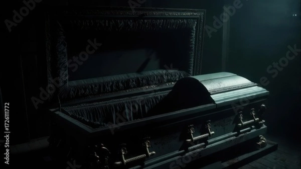 Obraz An open coffin in a dark room with dramatic lighting.