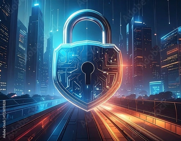 Fototapeta Futuristic cityscape with a large, metallic padlock