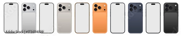 Fototapeta A set of modern smartphones in various colors, showcasing front and back views with triple cameras and blank white screens for digital content mockups.