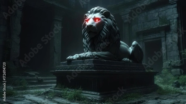 Obraz Ancient Stone Lion Statue with Glowing Red Eyes in a Dark, Mysterious Ruin.
