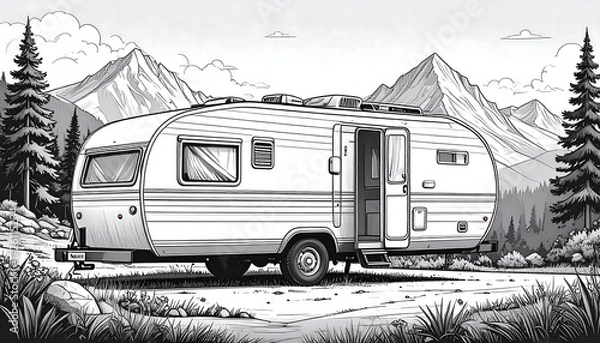 Fototapeta Illustrated campervan in nature, sketched with mountains and trees backdrop in grayscale