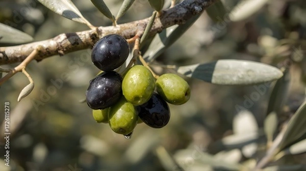 Fototapeta Cluster of ripe black and green olives hanging on olive tree.