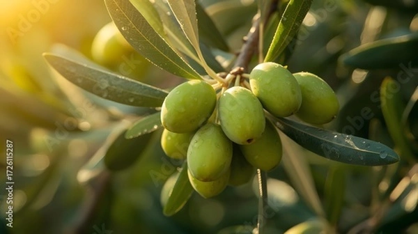 Fototapeta close-up of green olives growing on branch with fresh leaves