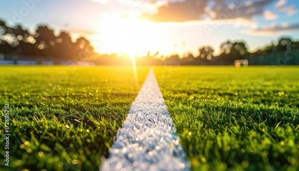 Obraz white line on green grass stadium