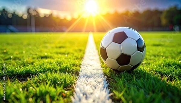 Obraz a soccer ball on white line of stadium