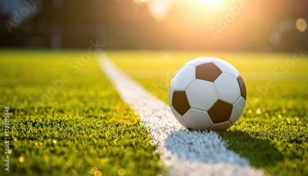 Obraz a soccer ball on white line of stadium